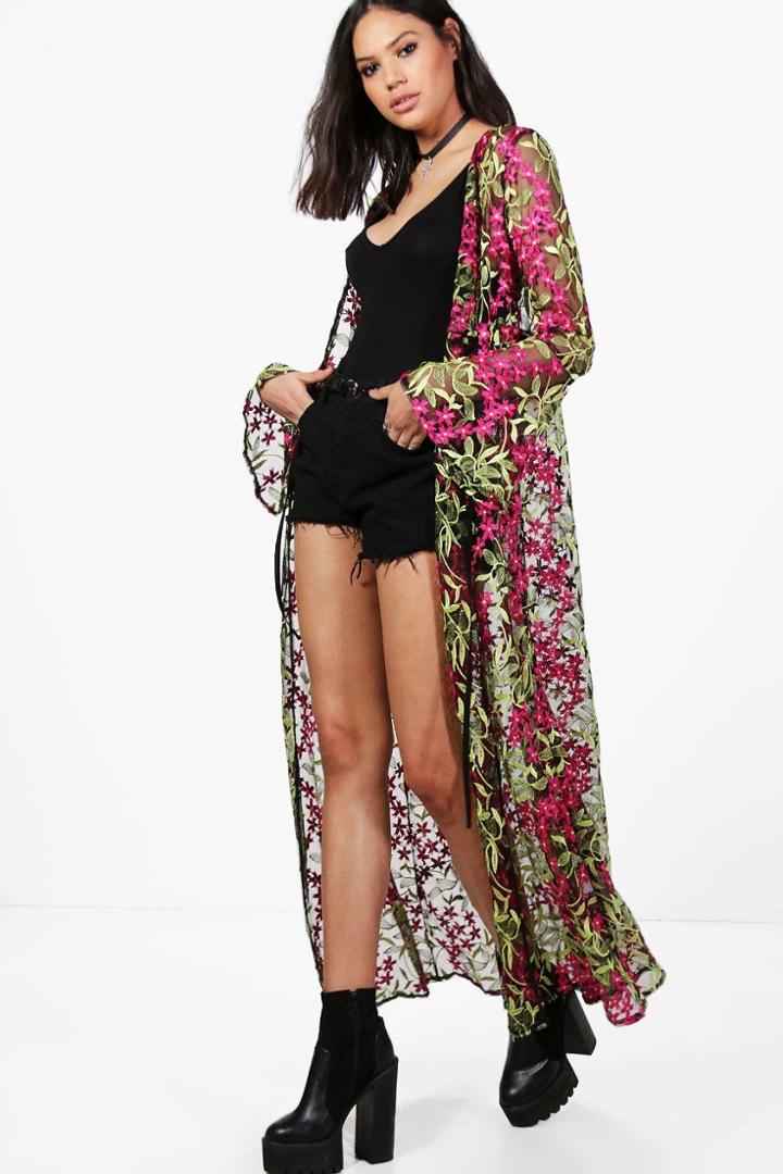 Boohoo Leah Boutique Embroidered Maxi Kimono Black