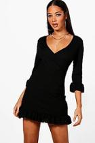 Boohoo Rebecca Ribbed Wrap Ruffle Bodycon Tea Dress