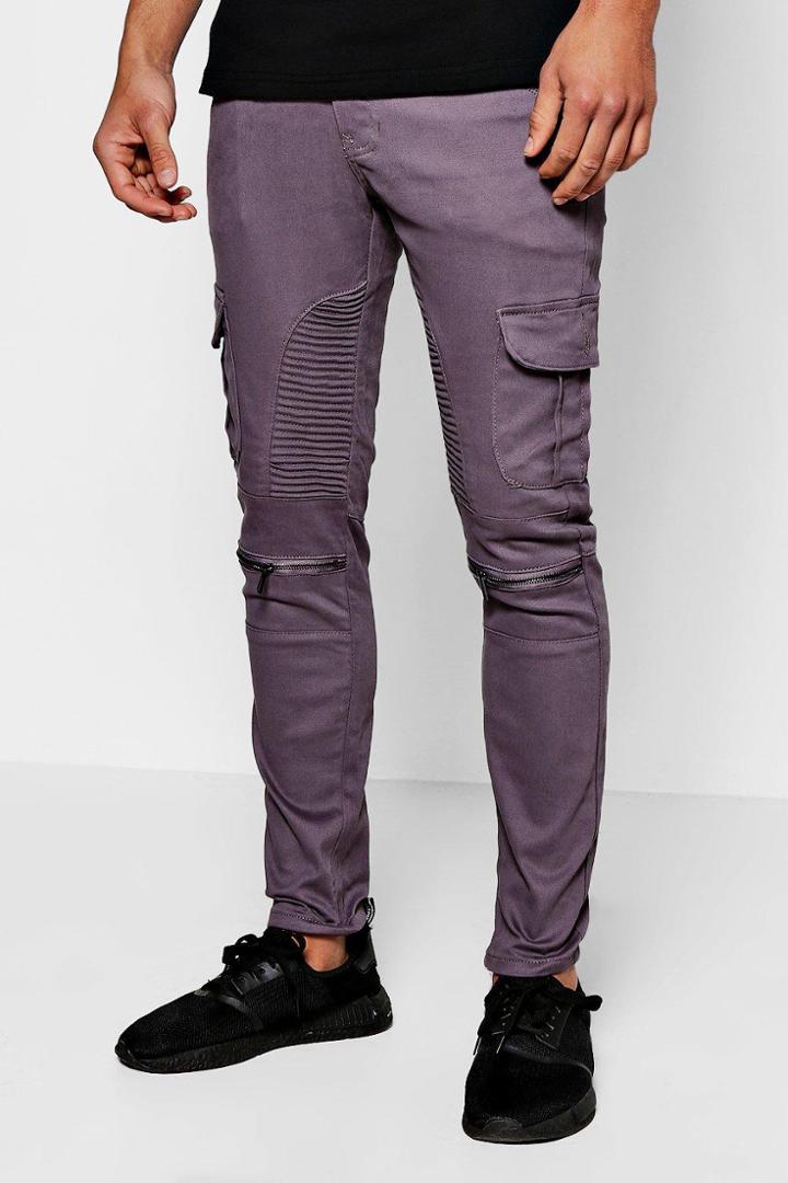 Boohoo Skinny Fit Cargo Biker Jeans With Zips Charcoal