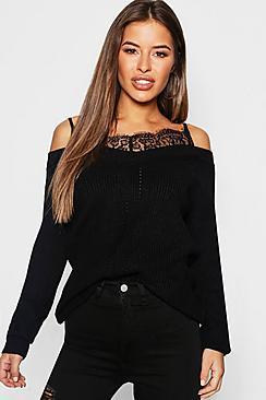 Boohoo Petite Lace Insert Off The Shoulder Jumper