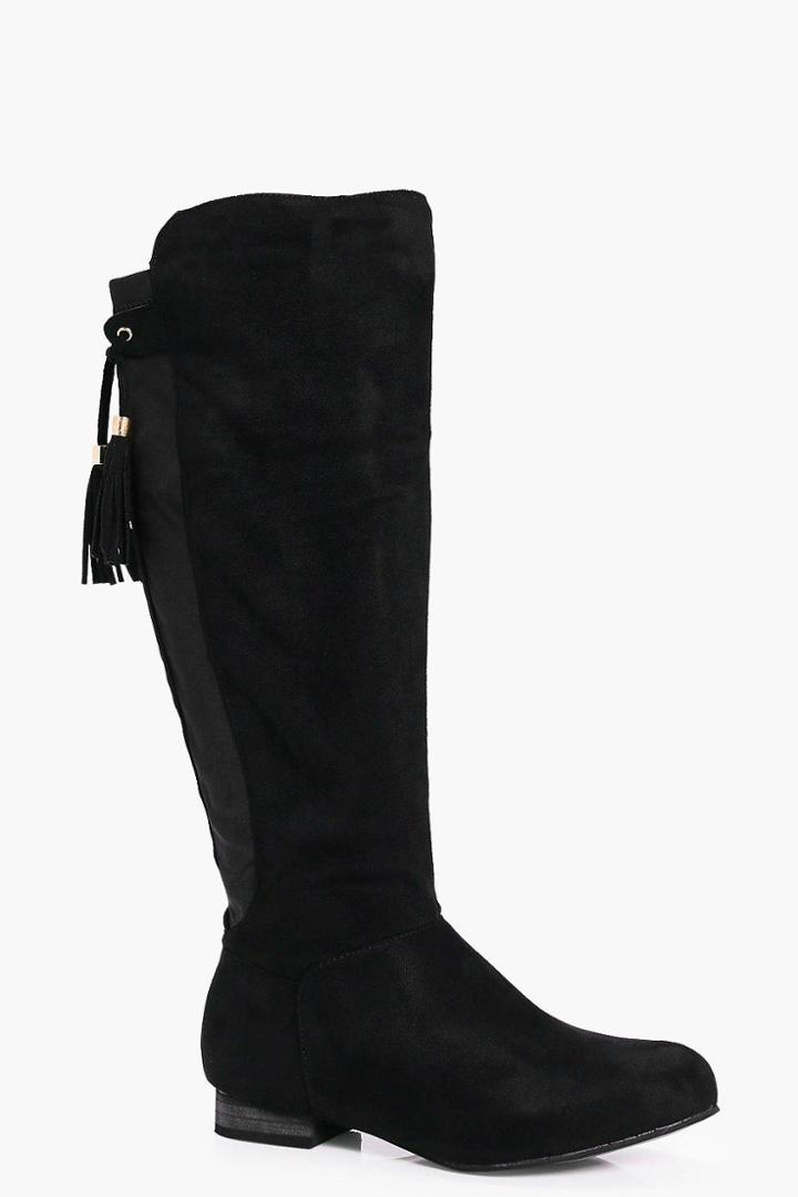 Boohoo Megan Flat Tassel Tie Knee Boot Black
