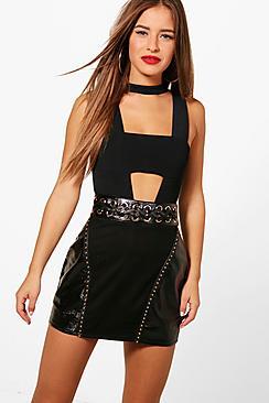 Boohoo Petite Jen Leather Look Panel Eyelet Mini Skirt