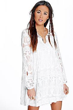 Boohoo Tara Tie Front Lace Swing Dress