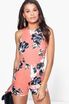 Boohoo Nina Floral Print Sleeveless Playsuit Coral