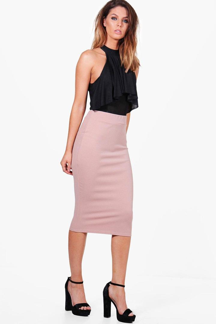 Boohoo Bella Crepe Stretch Midi Skirt Stone