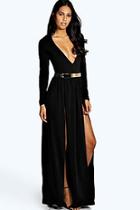 Boohoo Libby Thigh Split And Gold Belt Maxi Dress