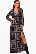 Boohoo Petite Tia Crochet Insert Woven Scarf Print Maxi Dress