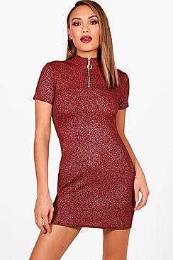 Boohoo Kaya Metallic High Neck Zip Bodycon Dress