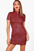 Boohoo Kaya Metallic High Neck Zip Bodycon Dress