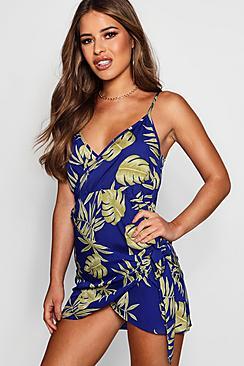 Boohoo Petite Soph Palm Print Strappy Wrap Shift Dress