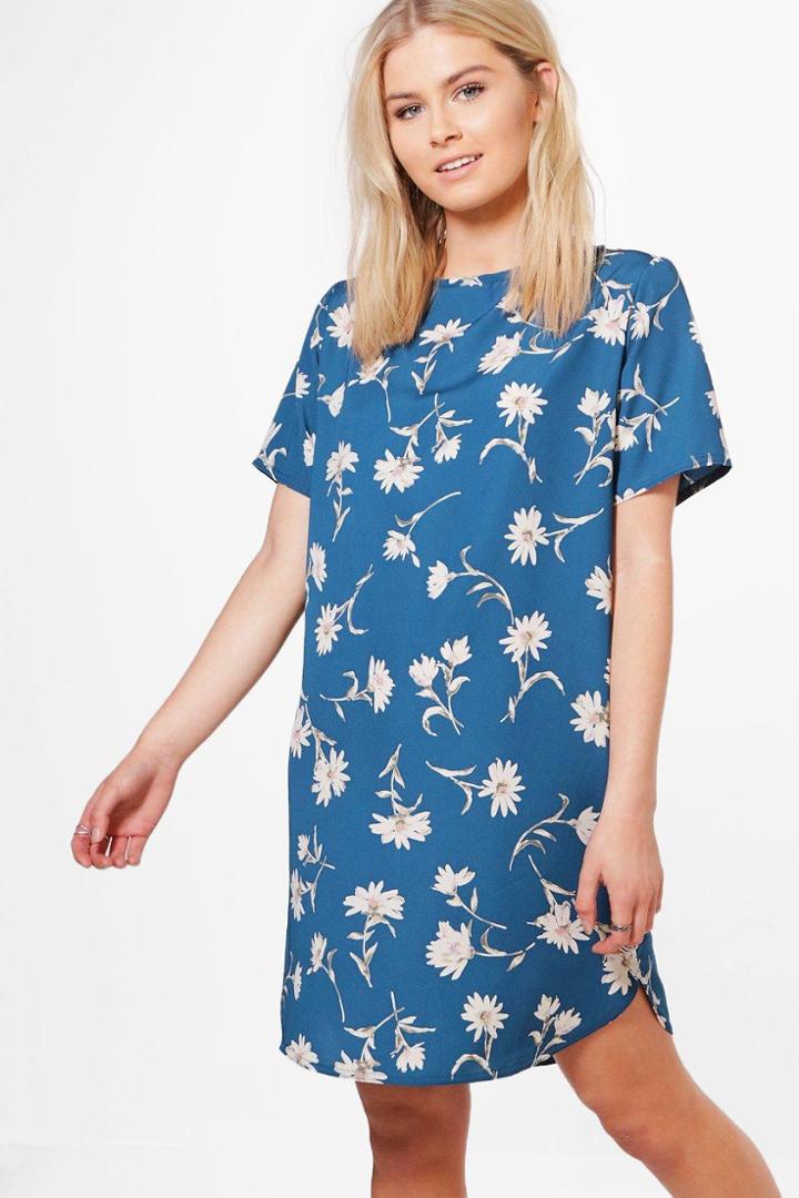 Boohoo Erin Floral Shift Dress Blue