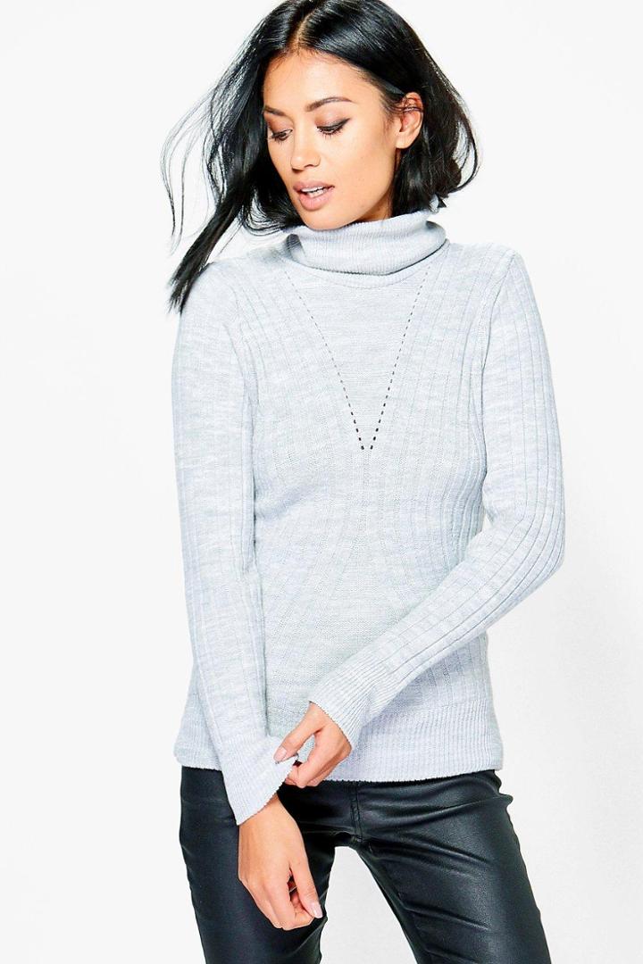 Boohoo Petite Leila Rib Knit Roll Neck Jumper Grey