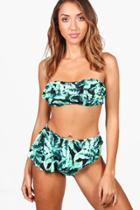 Boohoo Samos Tropical Leaf Frill H/w Bikini Green