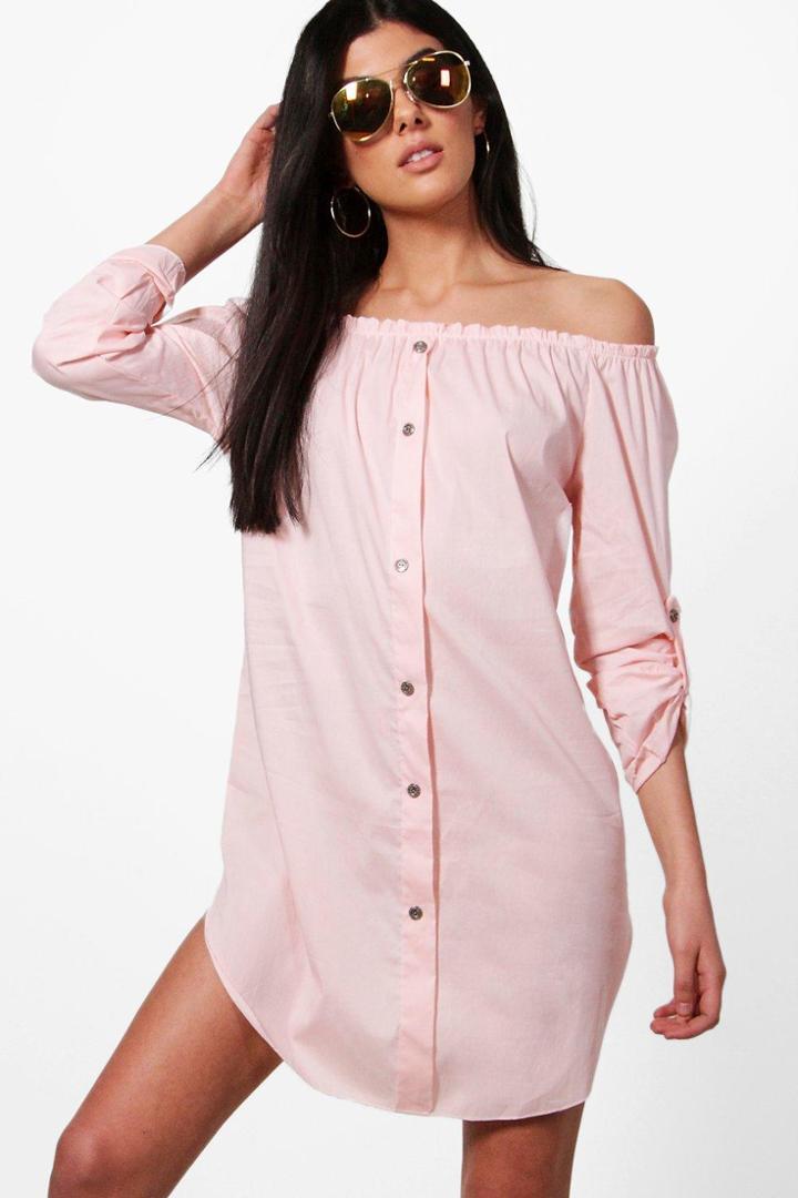 Boohoo Freyja Button Front Off Shoulder Cotton Sundress Pink