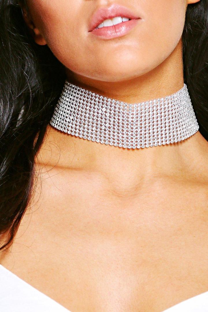 Boohoo Thick Diamante Bling Choker Silver