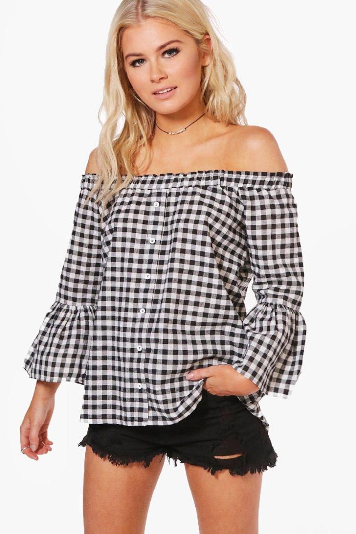 Boohoo Ella Off The Shoulder Gingham Shirt Black