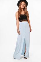Boohoo Petite Jeny Button Front Floor Sweeping Maxi Skirt Bluebell