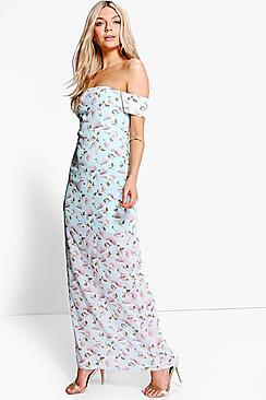 Boohoo Becca Floral Print Off Shoulder Maxi Dress