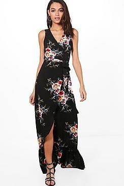 Boohoo Akira Floral Wrap Ruffle Hem Maxi Dress
