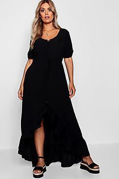 Boohoo Plus Isobel Button Front Ruffle Hem Maxi Dress