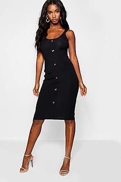 Boohoo Button Detail Ribbed Midi Dress