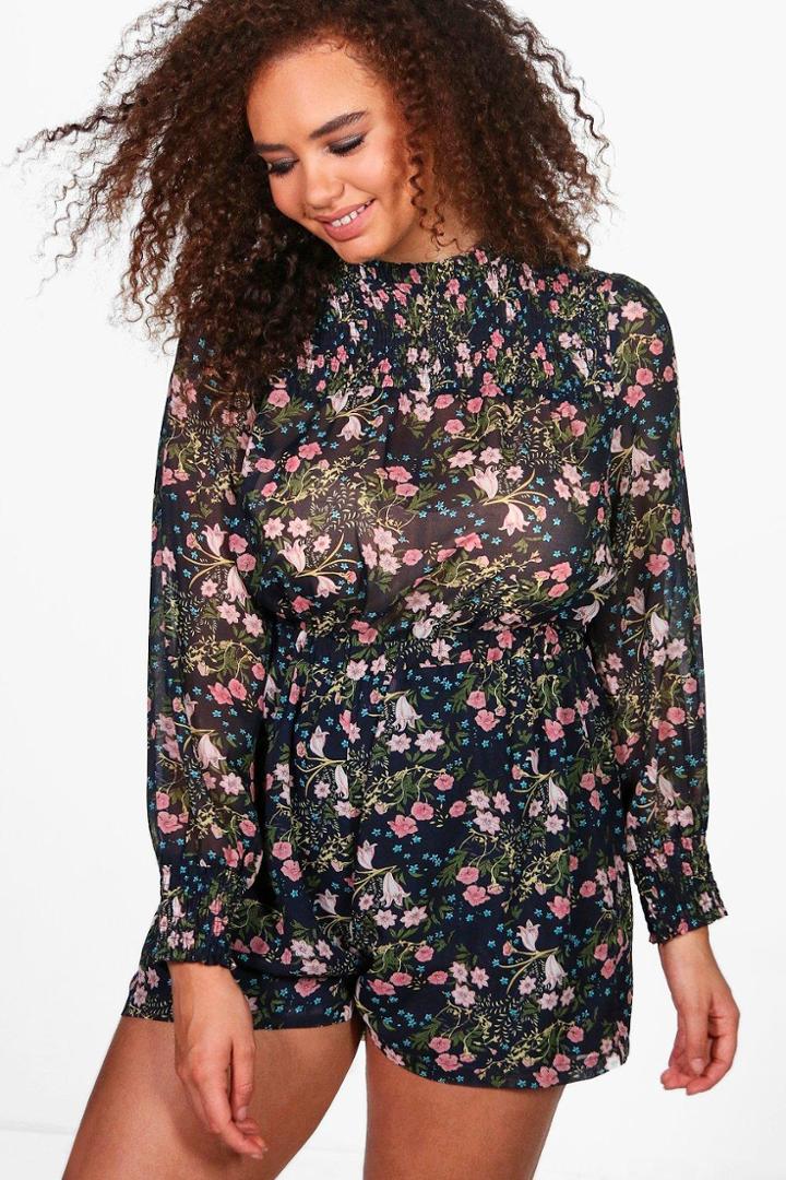 Boohoo Plus Cassie High Neck Floral Playsuit Navy