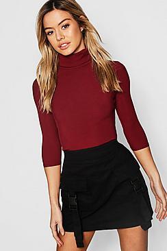 Boohoo Petite Rib Turtle Neck 3/4 Sleeve Top