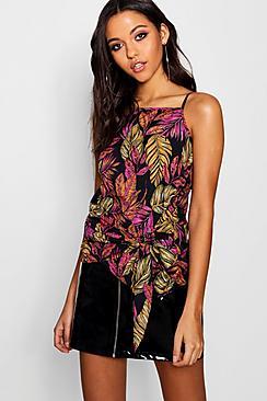 Boohoo Tall Kimmie Palm Print Square Neck Wrap Cami