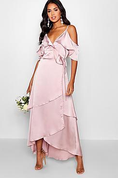 Boohoo Sophia Satin Ruffle Wrap Maxi Dress