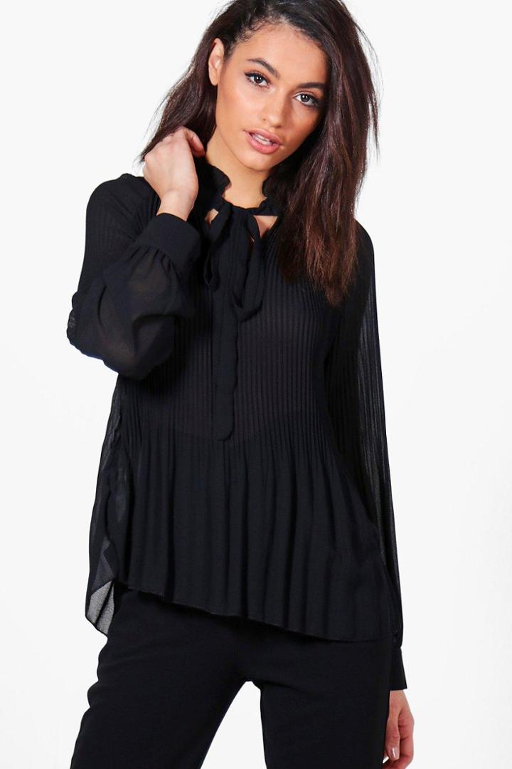 Boohoo Zoe Tie Neck Crinkle Blouse Black