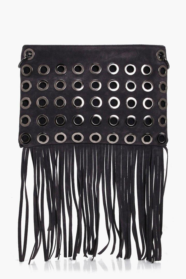 Boohoo Rosie Eyelet Fringed Cross Body Bag Grey