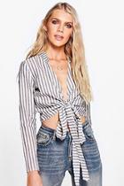 Boohoo Kerry Striped Cotton Tie Front Blouse