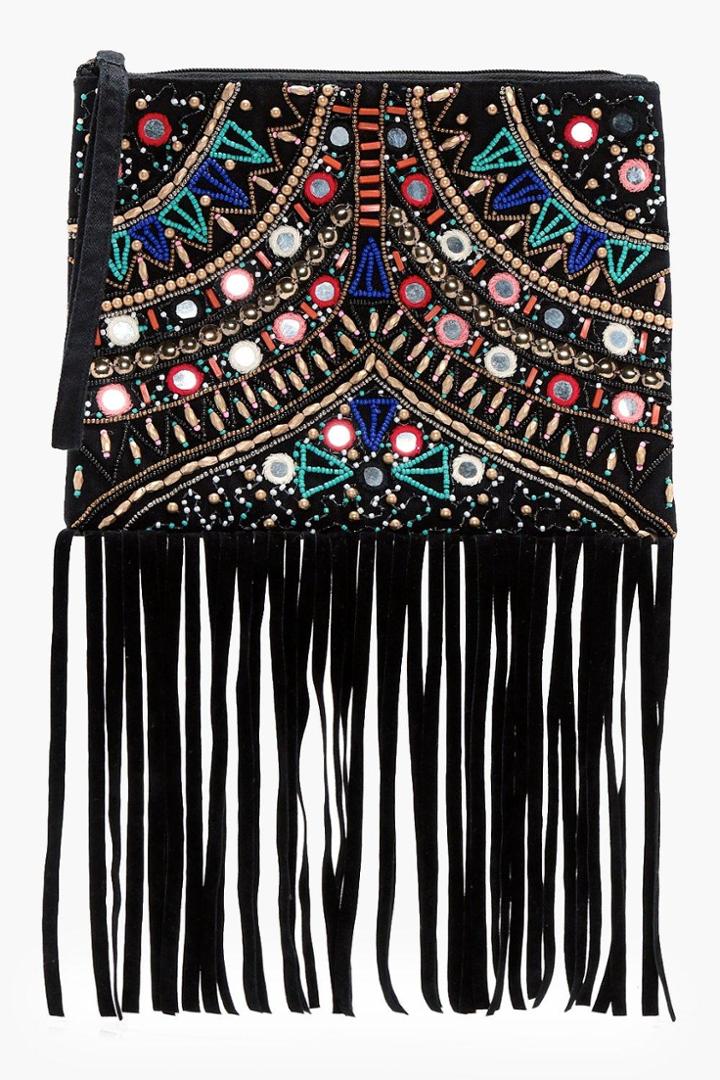 Boohoo Sophia Embellished Fringed Cross Body Bag Black