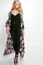 Boohoo Faye Cold Shoulder Maxi Floral Kimono Black