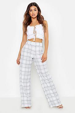 Boohoo Checked Belted Wide Leg Trousers