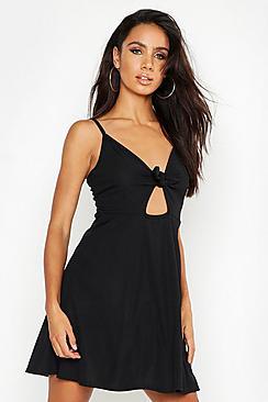 Boohoo Rib Tie Front Skater Dress