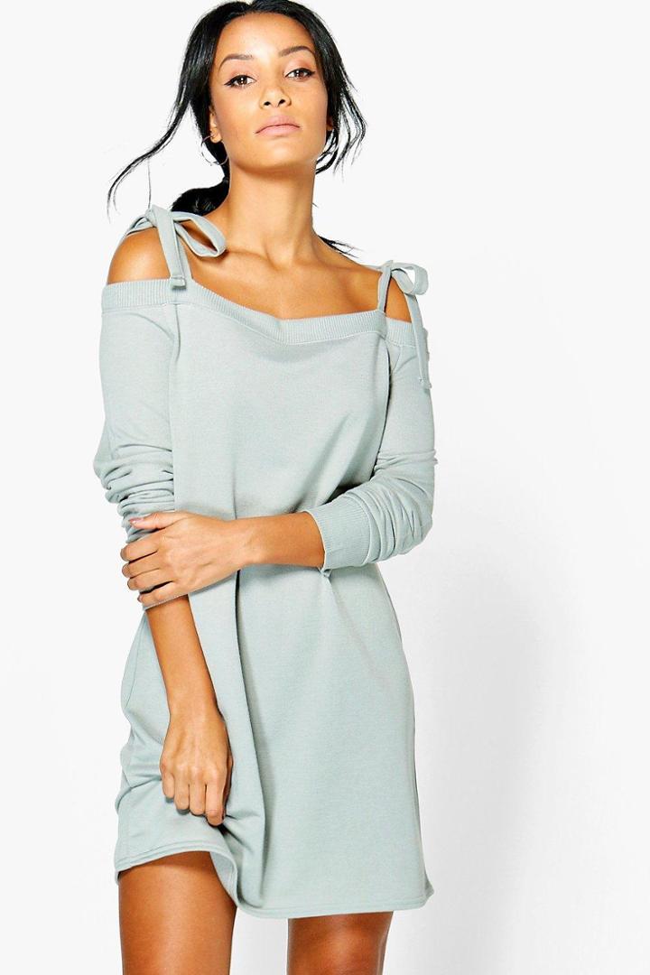 Boohoo Trixie Tie Cold Shoulder Sweat Dress Dove