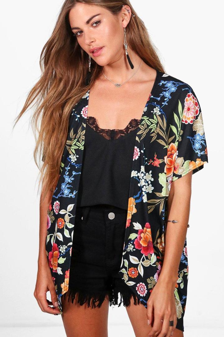 Boohoo Tiffany Oriental Floral Kimono Black
