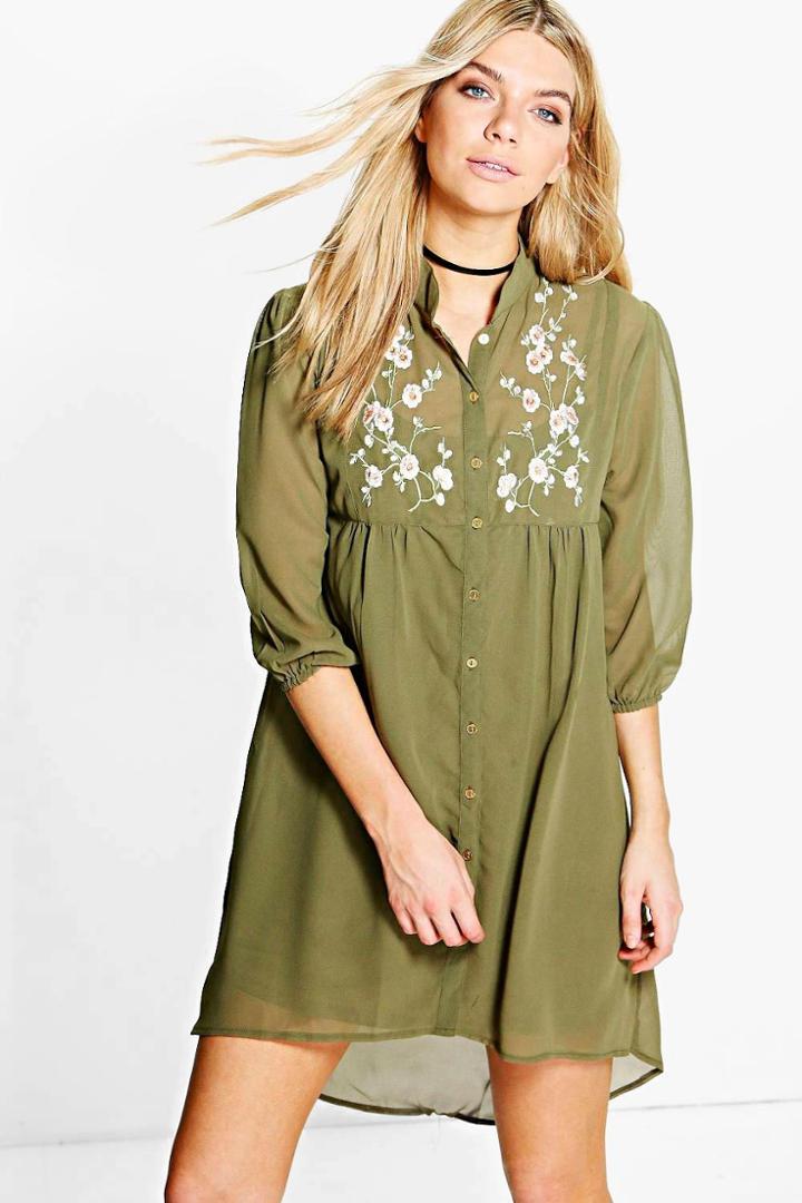 Boohoo Maddison Embroidered Shirt Dress Khaki
