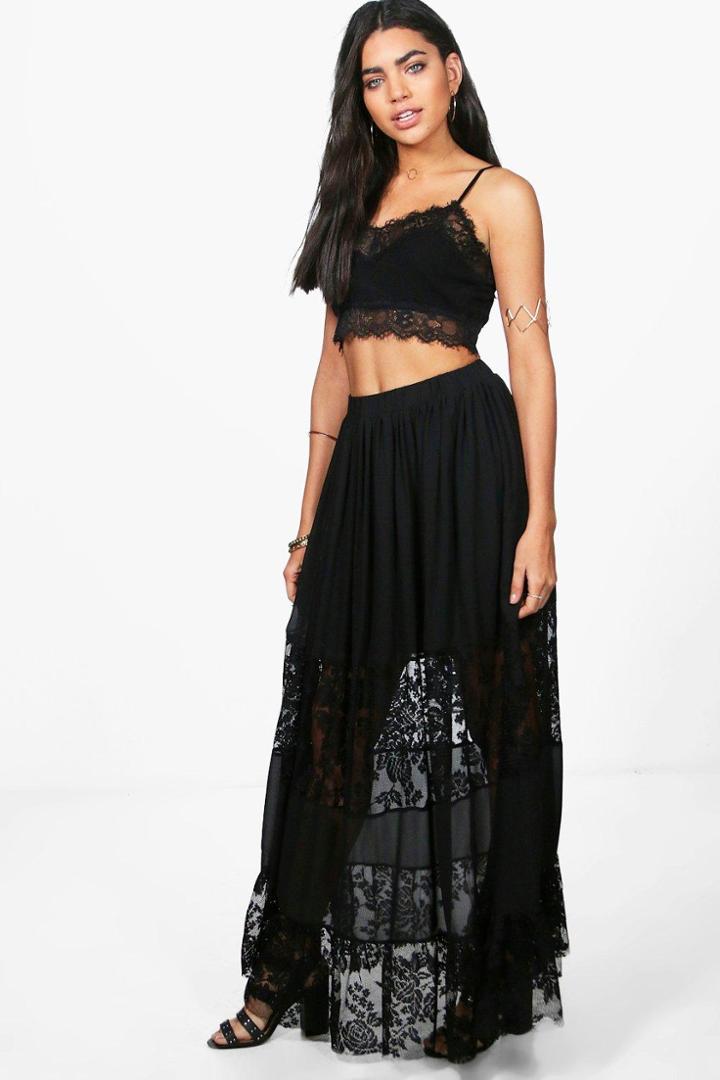 Boohoo Orla Lace Panelled Chiffon Maxi Skirt Black