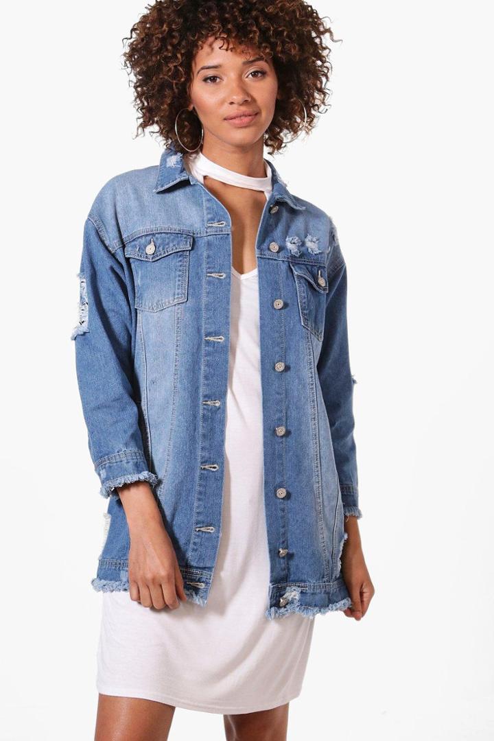 Boohoo Jillian Fray Hem Longline Jean Jacket Blue