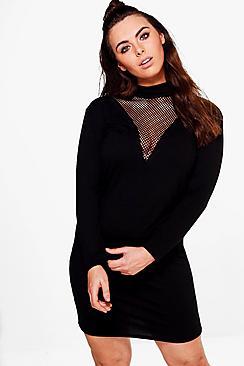 Boohoo Plus Olivia High Neck Mesh Insert Bodycon Dress
