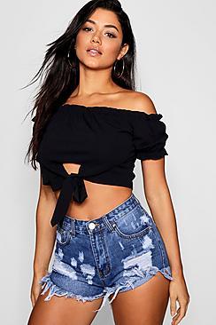 Boohoo Fran Bardot Frill Off Shoulder Crop