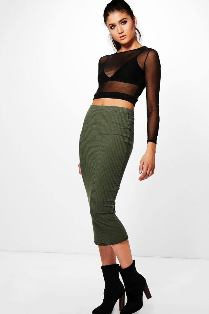 Boohoo Harper Ribbed Longline Midi Skirt Khaki