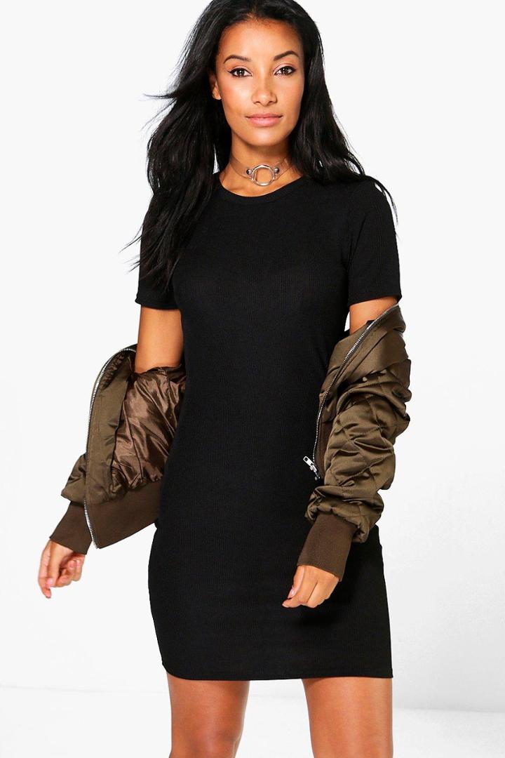 Boohoo Fiona Basic Rib Crew Bodycon Dress Black