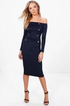 Boohoo Lydia Double Breasted Off The Shoulder Midi Dress Navy