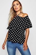 Boohoo Plus Polka Dot Cold Shoulder Swing Top