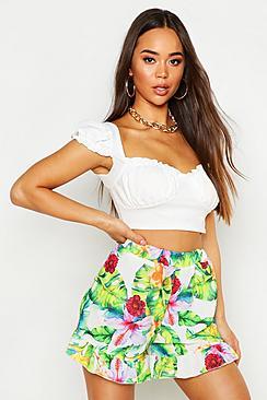 Boohoo Tropical Palm Ruffle Hem  Flippy Shorts