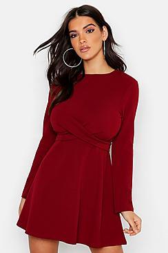 Boohoo Long Sleeve Wrap Front Skater Dress