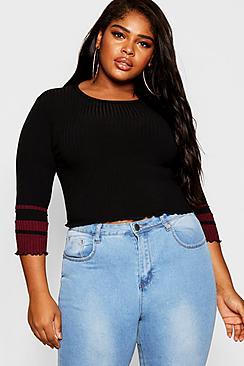 Boohoo Plus Crop Rib Sweater With Stripe Sleeve